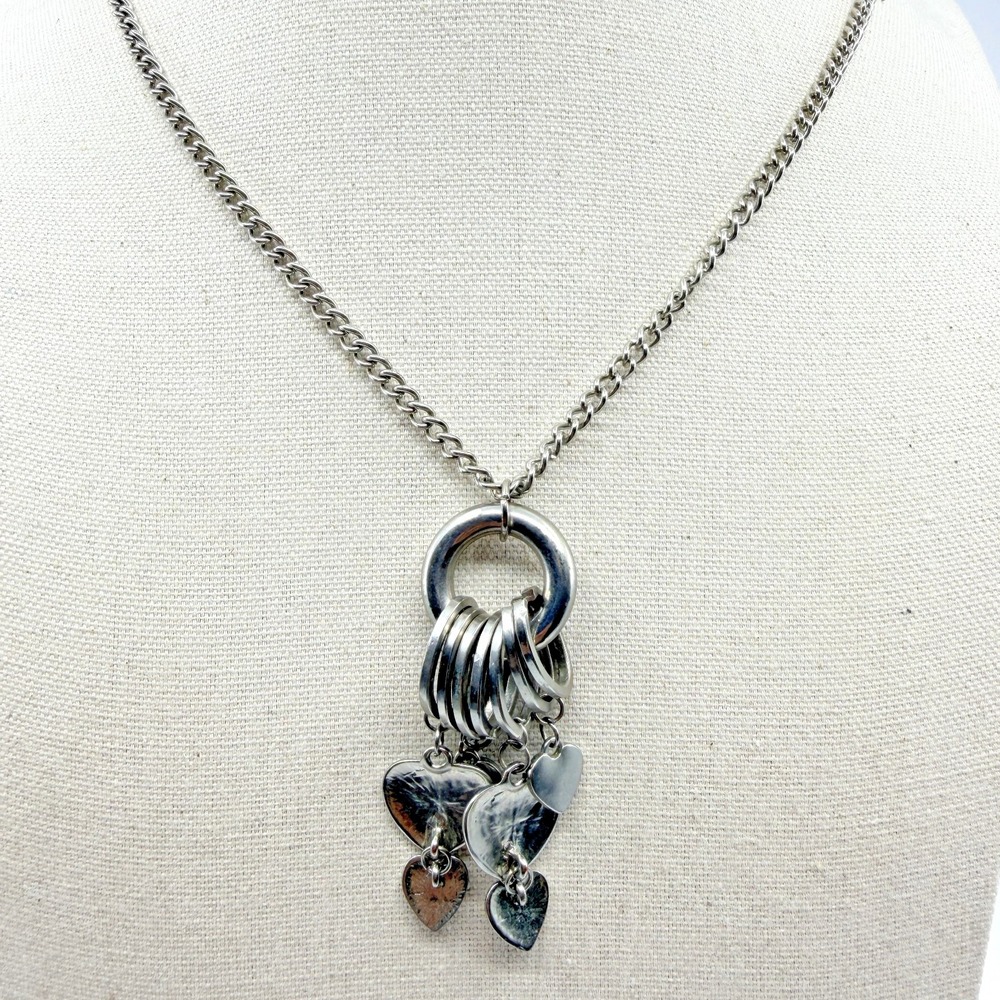 Vintage Silver Tone Multi Ring Tiered Heart Charm Cluster Curb Chain Necklace